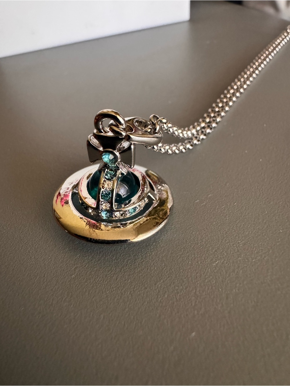 Vivienne Westwood stainless steel Saturn Orb Pendant Necklace with Blue Crystals